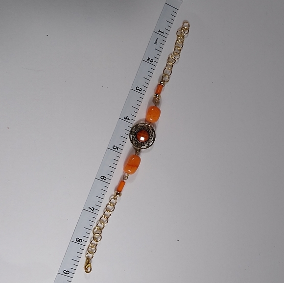 Bracelet Gold Etched Orange Bead Extender Delicate - Picture 3 of 4